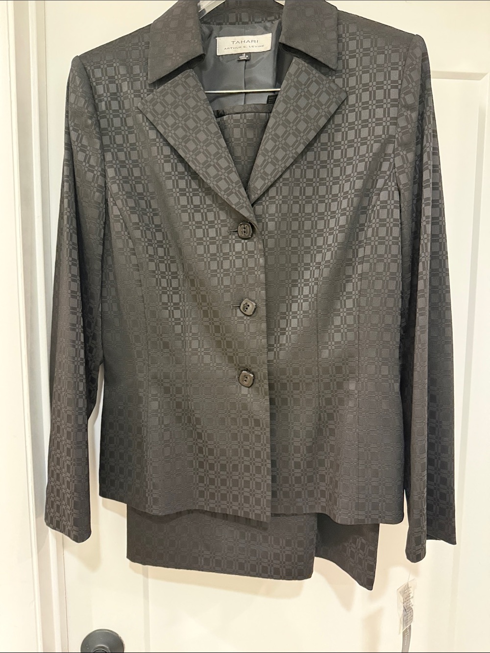 Tahari ASL Charcoal Geometric-Pattern Blazer and skirt